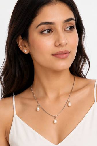 Freshwater pearl jewellery set, silver chain necklace with triple drop pendants and stud earrings