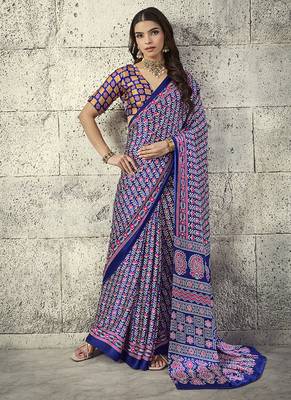 Navy blue colour satin print work saree 1
