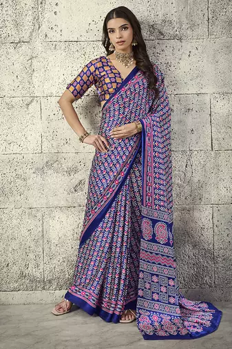 Navy blue colour satin print work saree