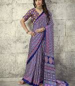 Navy blue colour satin print work saree