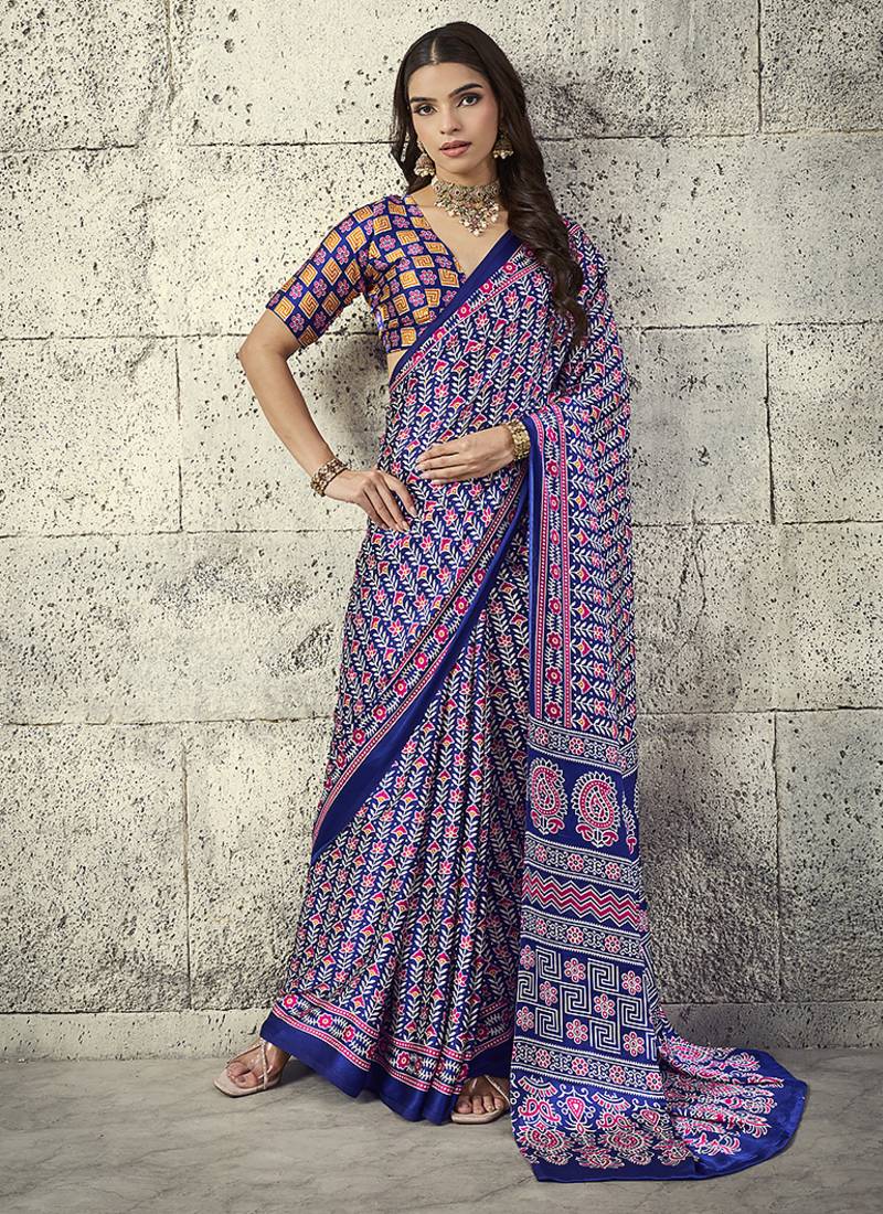 Navy blue colour satin print work saree