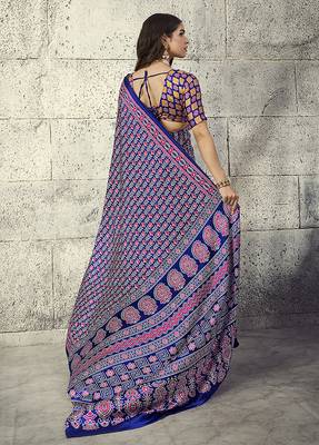 Navy blue colour satin print work saree 2