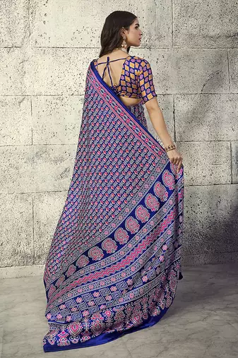 Navy blue colour satin print work saree
