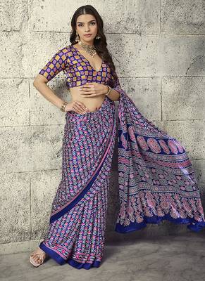 Navy blue colour satin print work saree 3