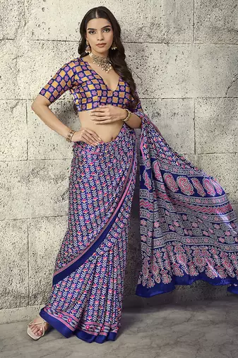 Navy blue colour satin print work saree