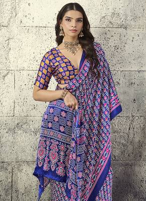 Navy blue colour satin print work saree 4