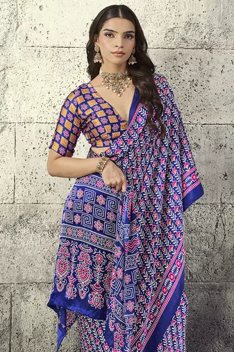 Navy blue colour satin print work saree
