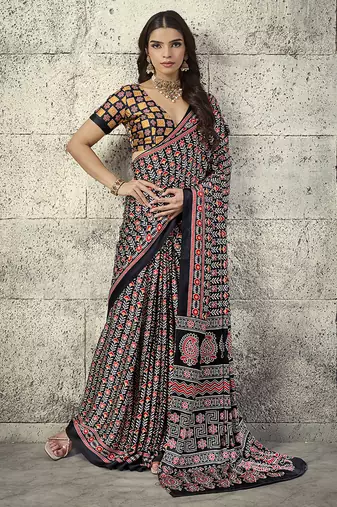 Black colour satin print work saree