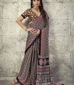 Black colour satin print work saree