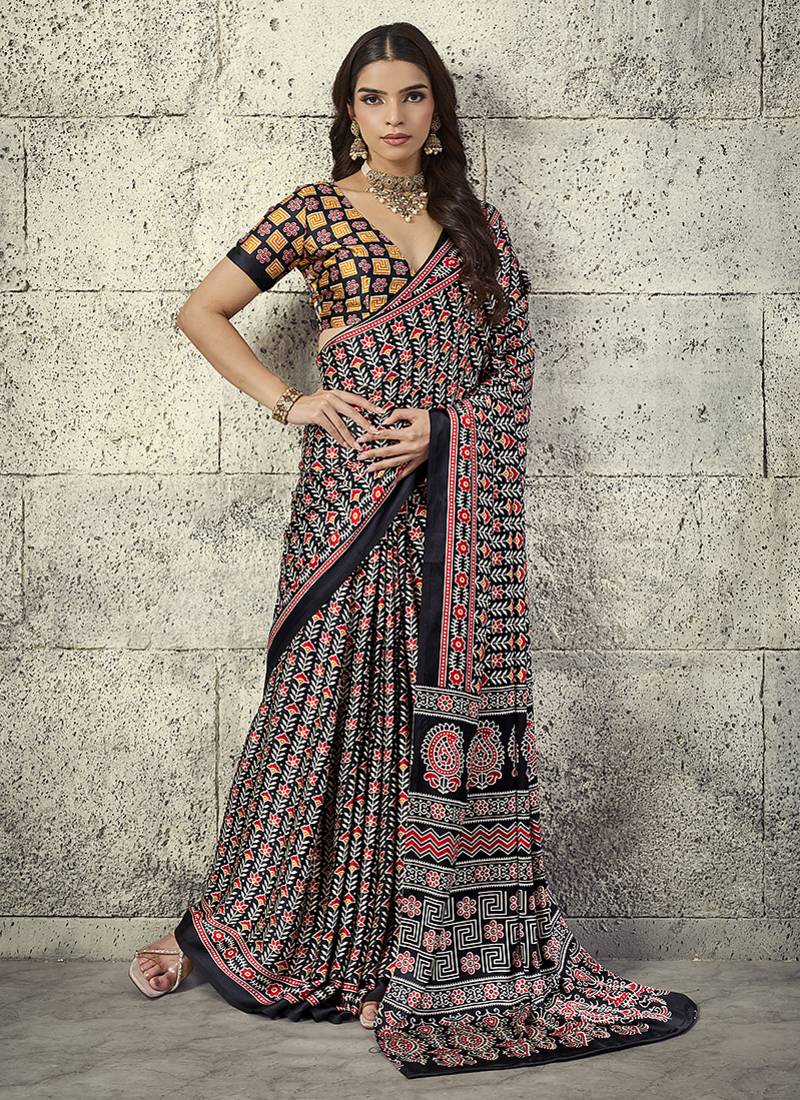 Black colour satin print work saree