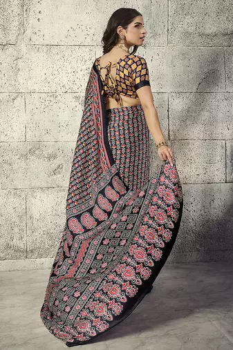 Black colour satin print work saree