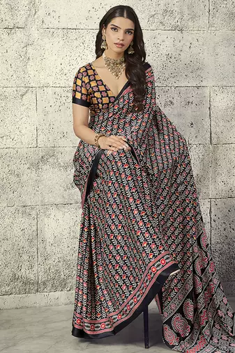 Black colour satin print work saree