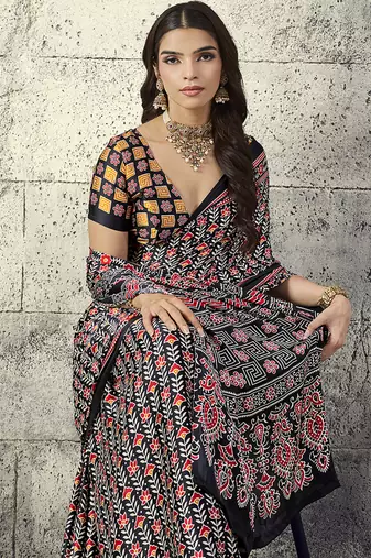Black colour satin print work saree