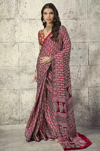 Maroon colour satin print work saree