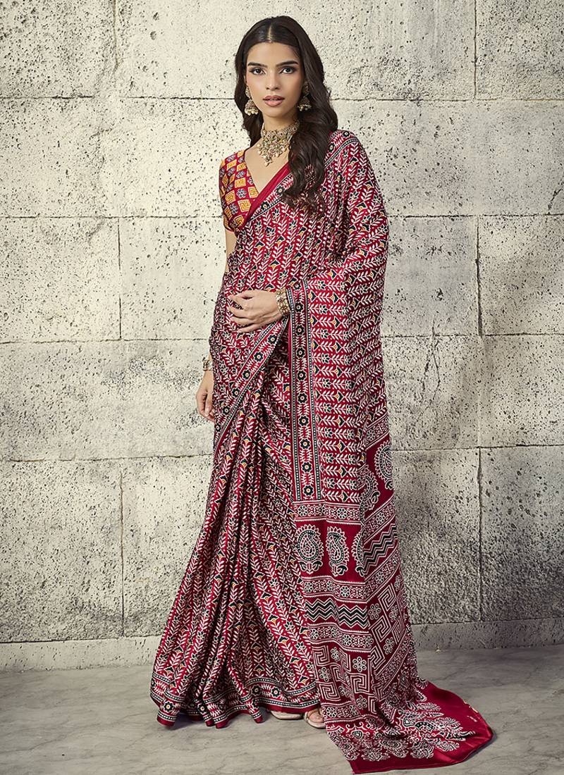 Maroon colour satin print work saree