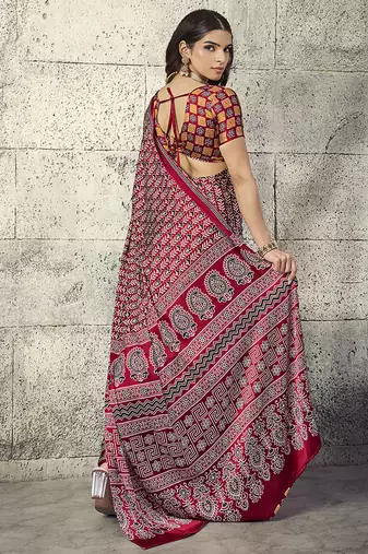 Maroon colour satin print work saree