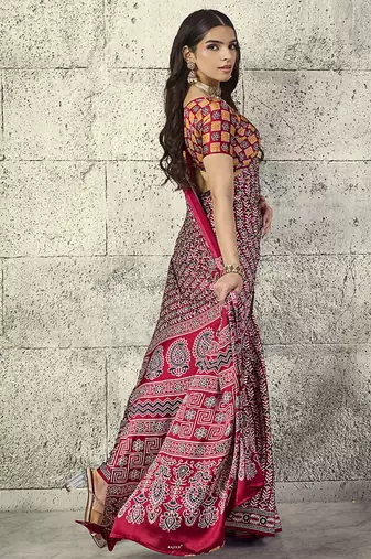 Maroon colour satin print work saree