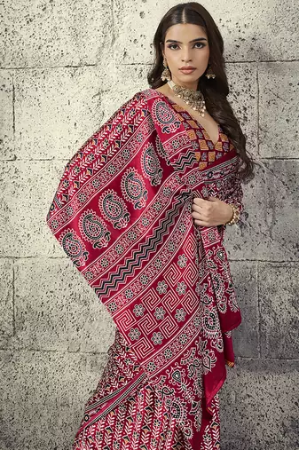 Maroon colour satin print work saree