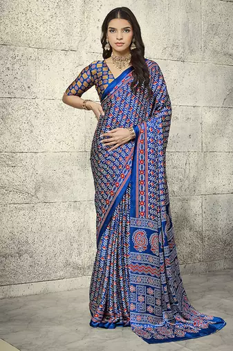Royal blue colour satin print work saree