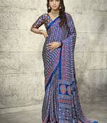 Royal blue colour satin print work saree
