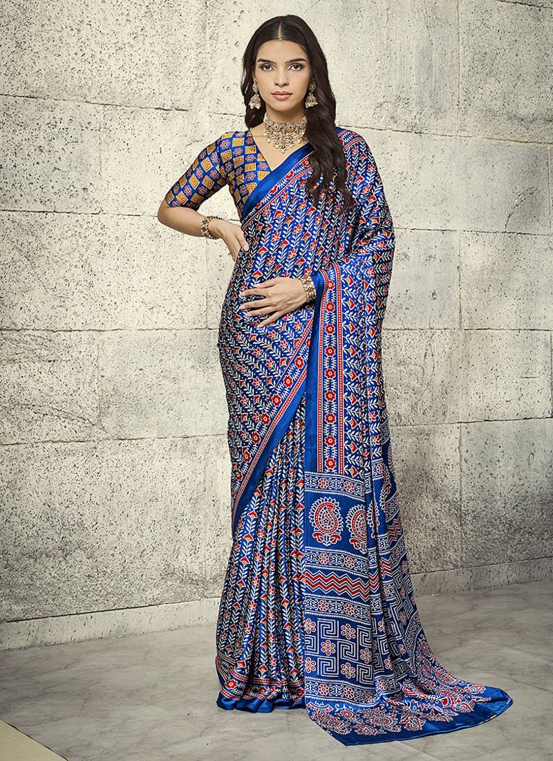 Royal blue colour satin print work saree