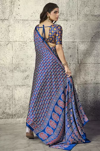 Royal blue colour satin print work saree