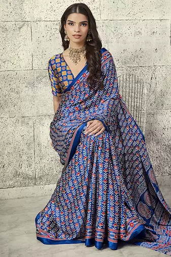 Royal blue colour satin print work saree
