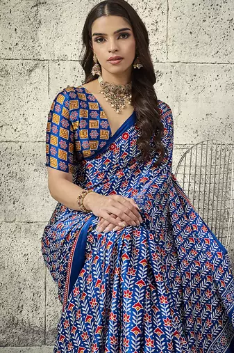 Royal blue colour satin print work saree