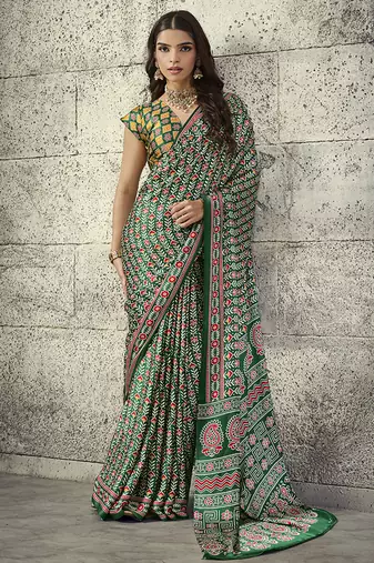 Green colour satin print work saree