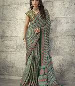 Green colour satin print work saree