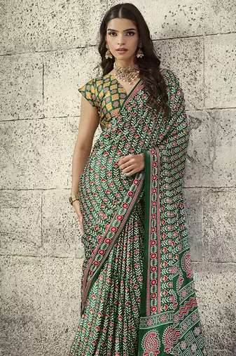Green colour satin print work saree