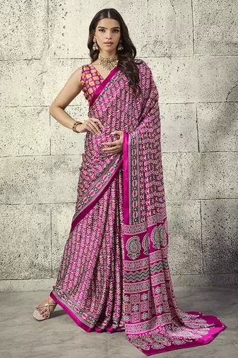 Rani pink colour satin print work saree