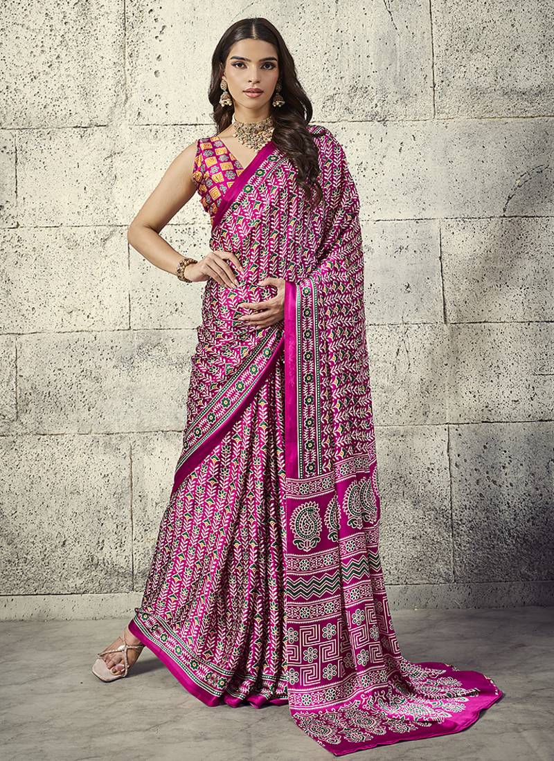 Rani pink colour satin print work saree
