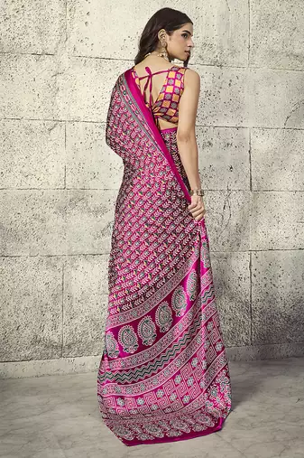 Rani pink colour satin print work saree