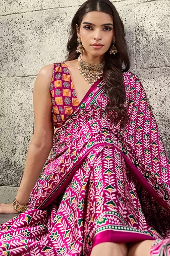 Rani pink colour satin print work saree