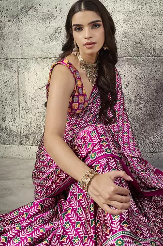 Rani pink colour satin print work saree