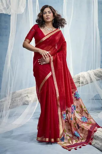 Red handloom silk blend weaving border saree with blouse