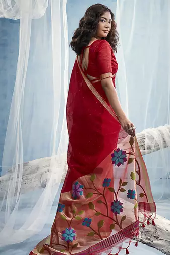 Red handloom silk blend weaving border saree with blouse