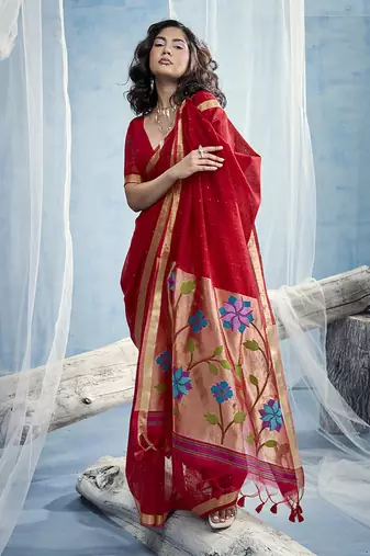Red handloom silk blend weaving border saree with blouse