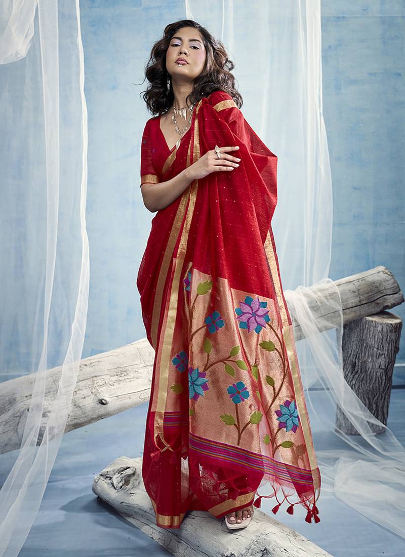 Red handloom silk blend weaving border saree with blouse