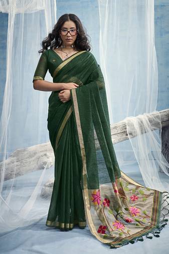 Dark green handloom silk blend weaving border saree with blouse