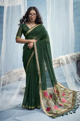 Dark green handloom silk blend weaving border saree with blouse