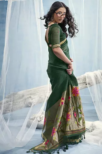 Dark green handloom silk blend weaving border saree with blouse