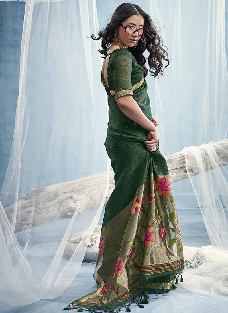 Dark green handloom silk blend weaving border saree with blouse