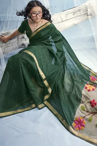 Dark green handloom silk blend weaving border saree with blouse