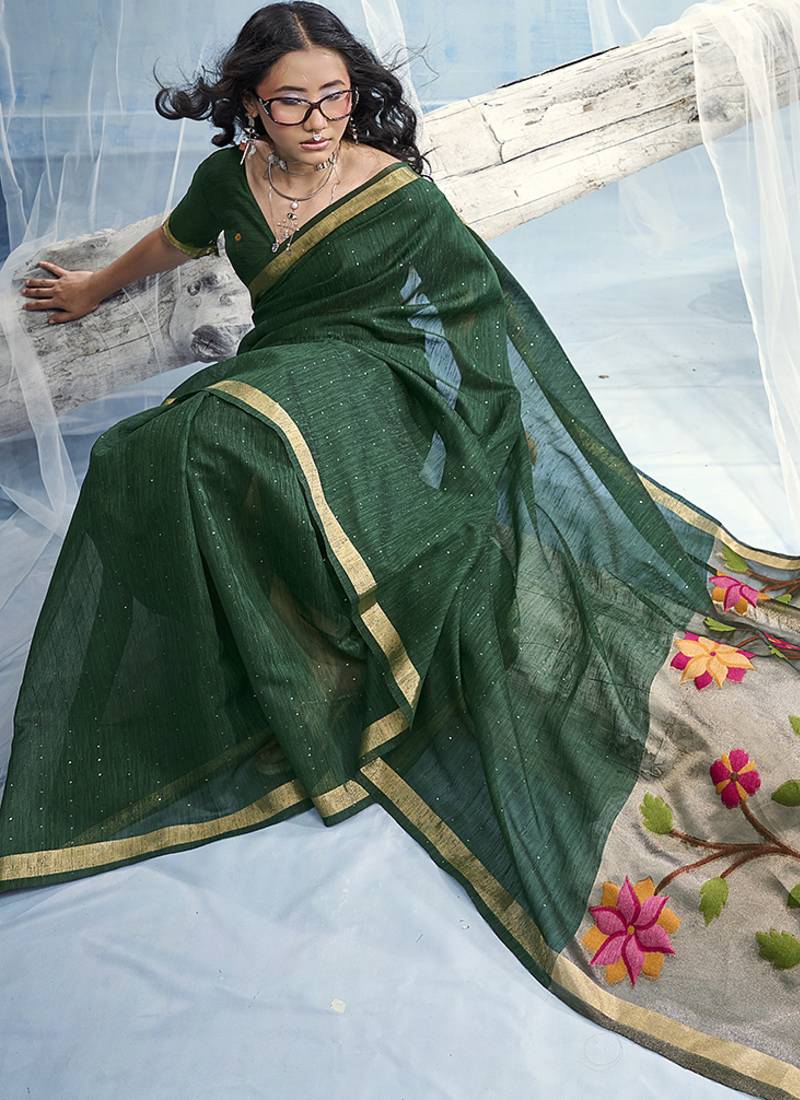 Dark green handloom silk blend weaving border saree with blouse