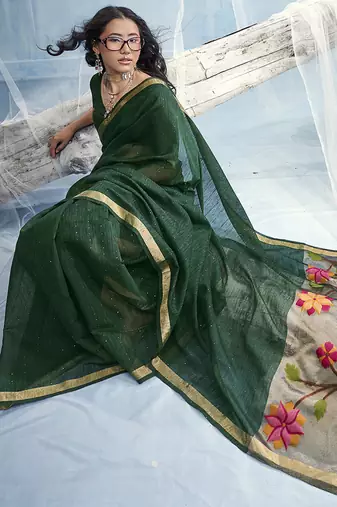 Dark green handloom silk blend weaving border saree with blouse