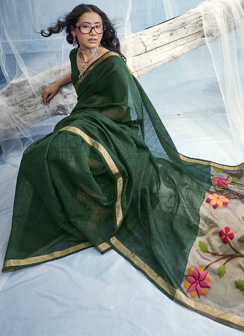 Dark green handloom silk blend weaving border saree with blouse