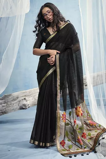 Black handloom silk blend weaving border saree with blouse