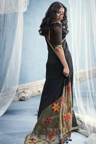 Black handloom silk blend weaving border saree with blouse